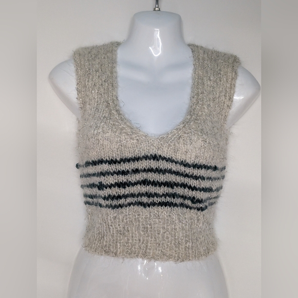 V-Neck Striped Knit Sweater Vest Handmade Shimmer Tinsel Vintage - Picture 4 of 8